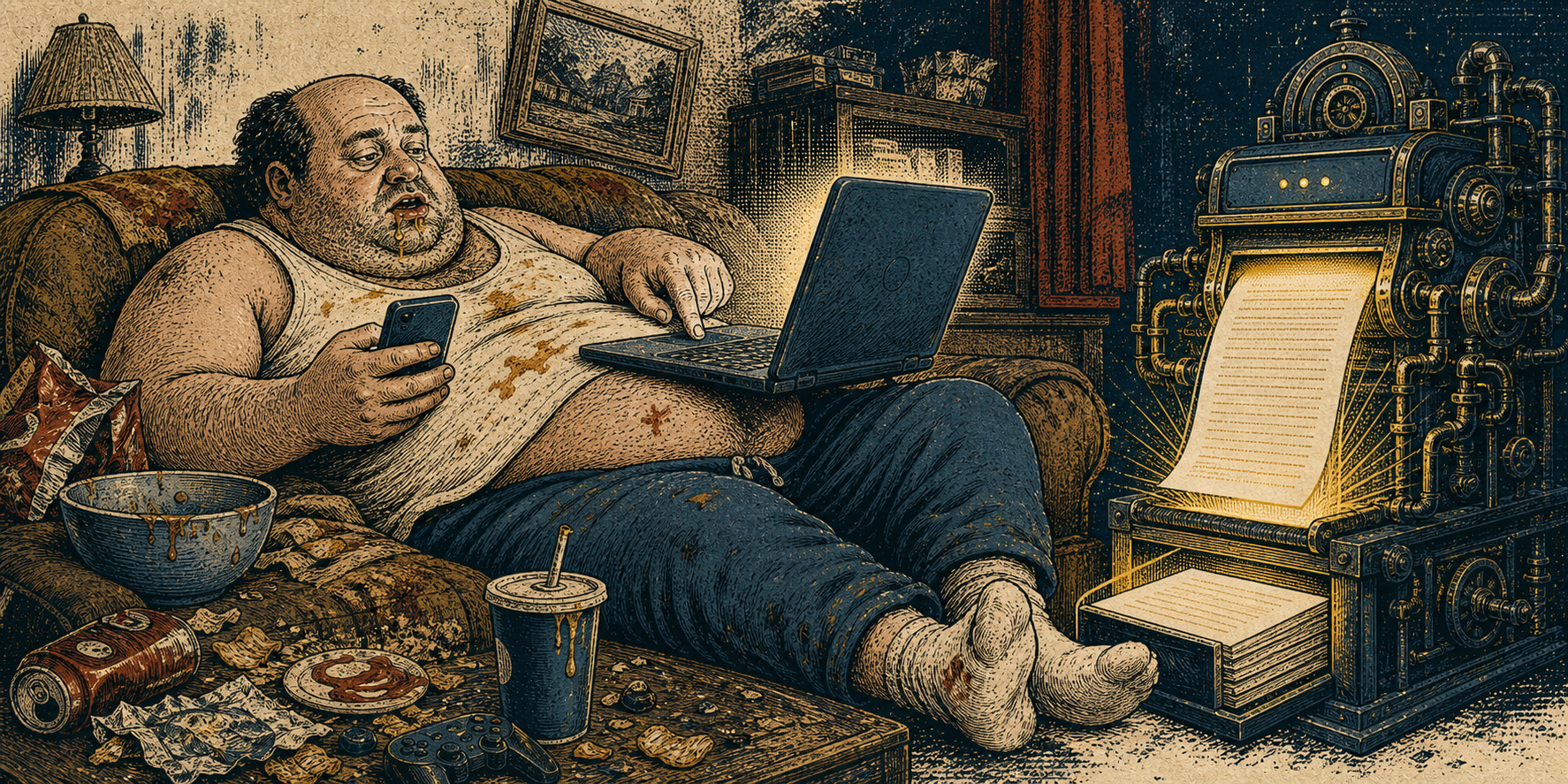 Satirical editorial illustration of a slovenly man on a couch using a phone and laptop while an elaborate AI machine produces immaculate pages