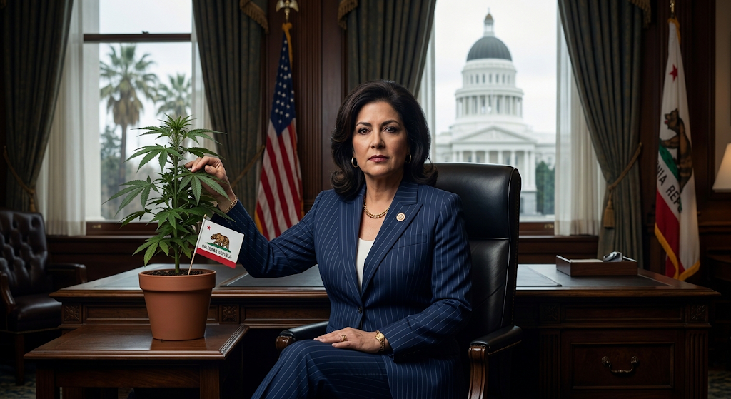 Satirical editorial illustration of a suited California lawmaker posing with a cannabis plant in a Capitol office