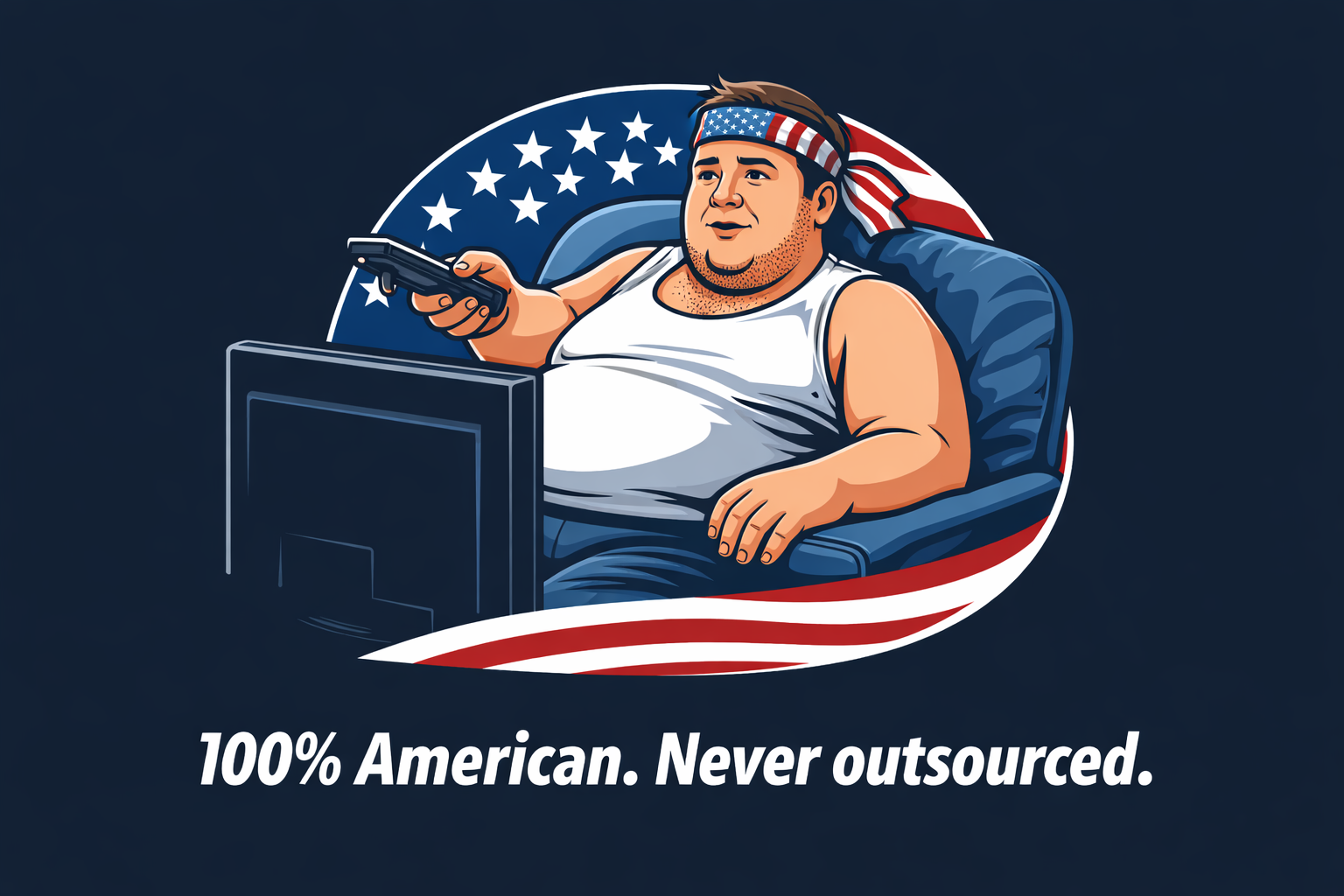 Professional TV watcher holding a remote with the slogan 100% American. Never outsourced.