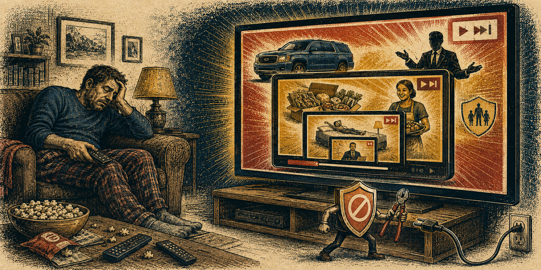 An exhausted viewer watches advertisements nested inside advertisements